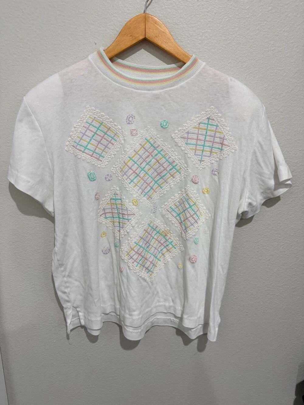 Vintage Cricket Lane T-Shirt Size White Embroidered Lattice Pastel
